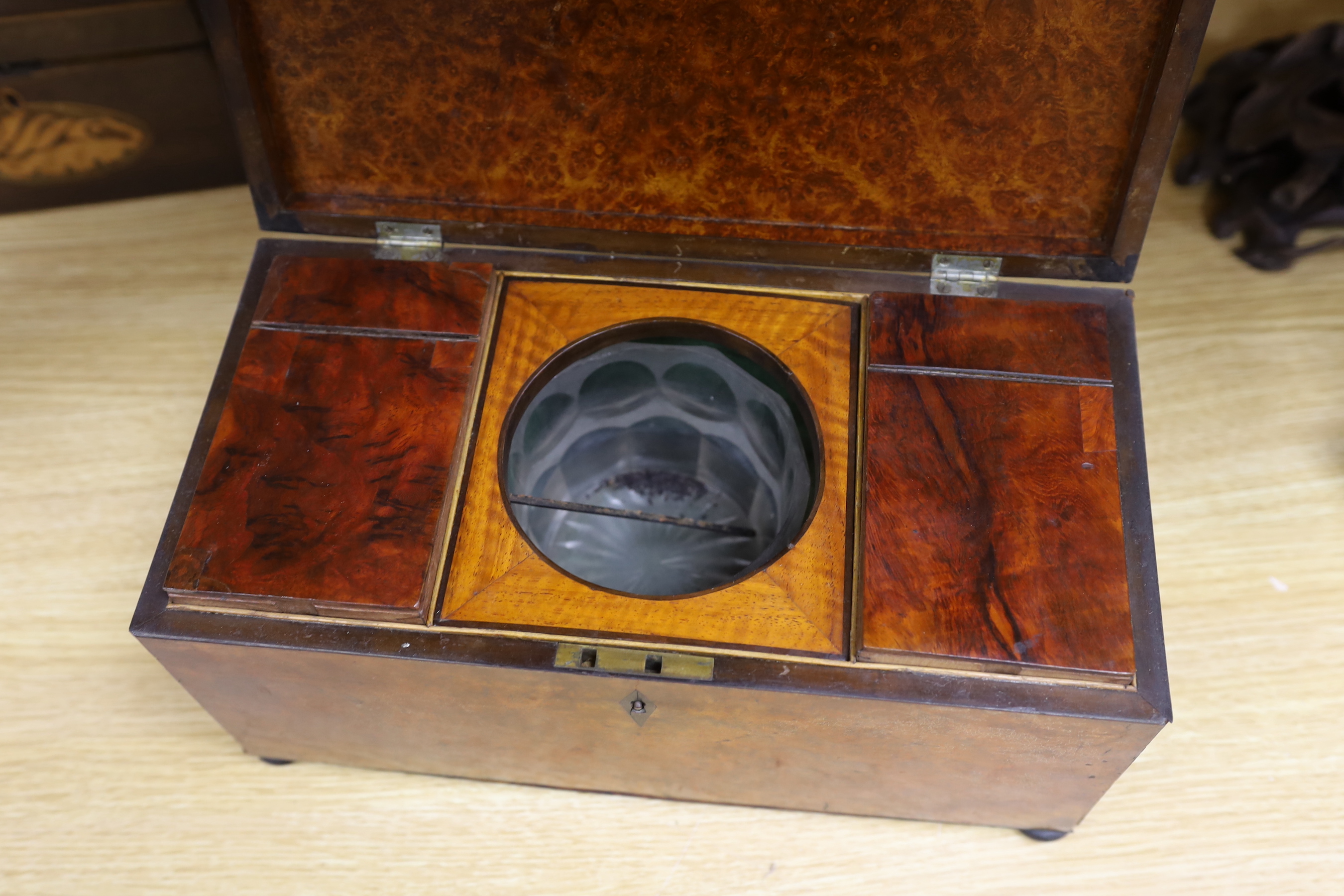 A George IV burr walnut tea caddy, 34cm and a George III harewood and marquetry tea caddy